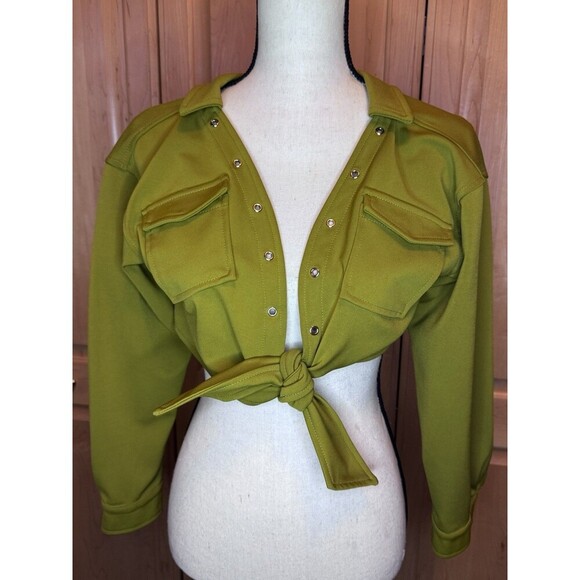 Miss Circle Women’s M Long Sleeve Open Crop Top Tie Front, Pockets, Lime Green - Picture 1 of 11